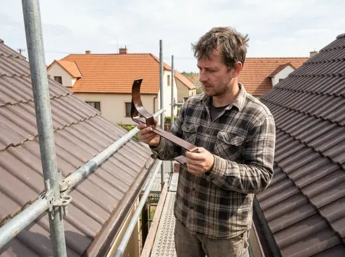 DRKUL TASKA - fotorecenze - pracovník na střeše si prohlíží držák značky JOKL